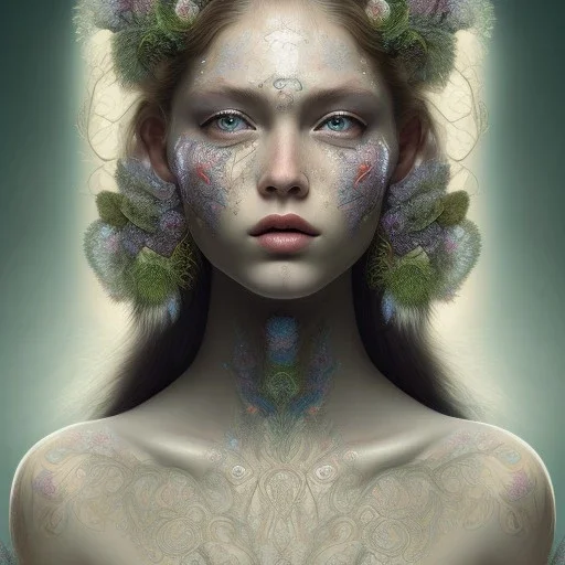 perfect woman portrait , perfect eyes, peacock feathers, face tattoo, curly hair, earrings, nature, plants, wildflower, facepaint, intricate, oil on canvas, masterpiece, expert, insanely detailed, cinematic smooth, intricate detail, soft smooth lighting, painted Renaissance style