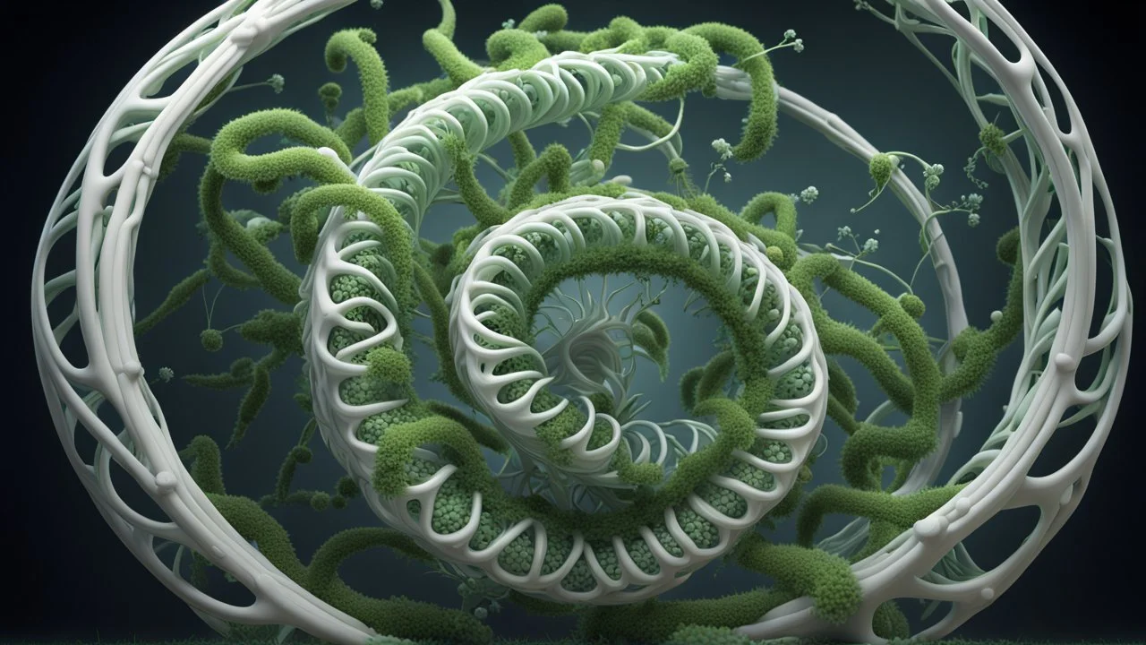 A genetically engineered plant emerges from a mesmerizing spiral, inspired by E. T. A. Hoffmann. This intricate 3D render depicts a fusion of primitivism and biochemistry, showcasing a fascinating blend of RNA bioweapons, xenobiology, and the morphing DNA helix. The image portrays a bioorganic concept of a mechanically evolved life form, born out of DNA experiments.