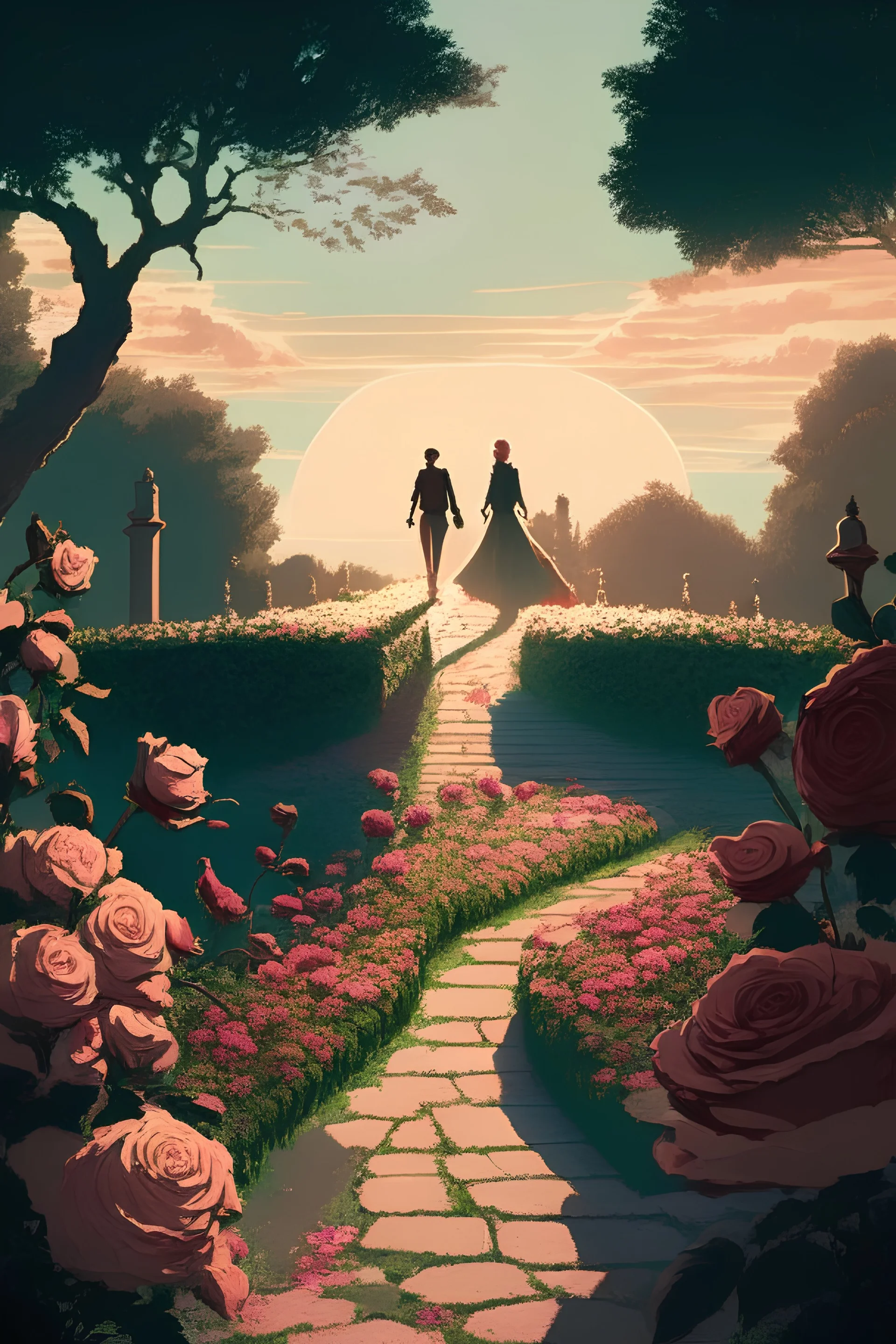 grande jardim de rosas, com um caminho de pedra no meio dele, e uma silhueta de um casal de apaixonados no final do caminho, dia ensolarado