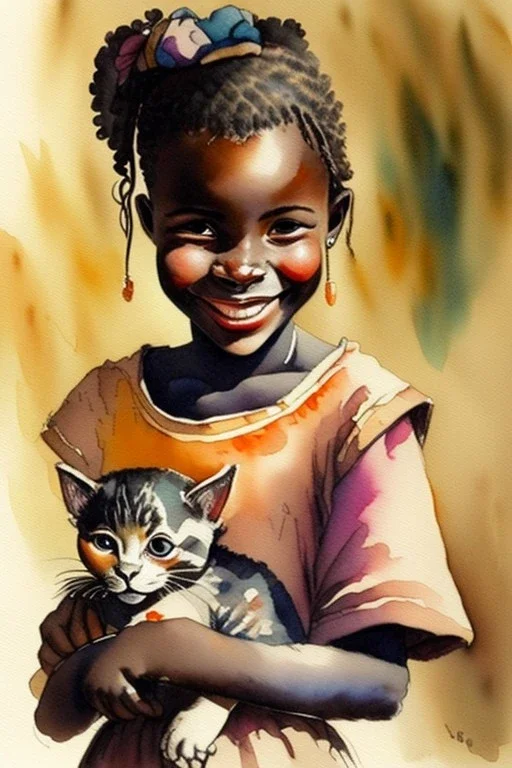 A cute smiling african girl is holding a kitten. Watercolour