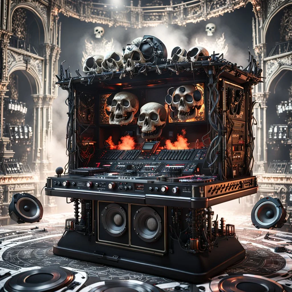 DJ of the damnded, insanely detailed DJ booth in hell, MID set, speakers and equipment made of bone, anatomically correct, add more skulls in th audience, photorealism, vray, 8k 3d https://stablecog.com/generate?o=a67b60e0-edd2-418d-9744-d1d585055d7fv https://stablecog.com/generate?o=93026b00-ac6b-436a-bc57-6aa04073d4a9