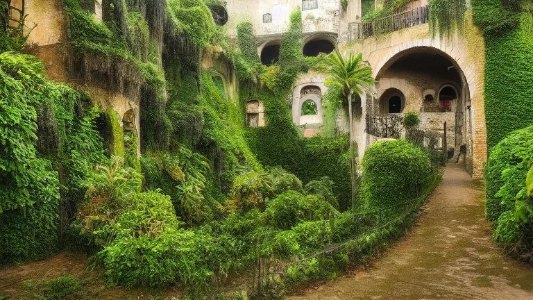 Gigantic mushroom village with balconies, archways, stairs, bridges, bushes, spanish moss, ivy, river, a winding pathway through the middle, in a valley