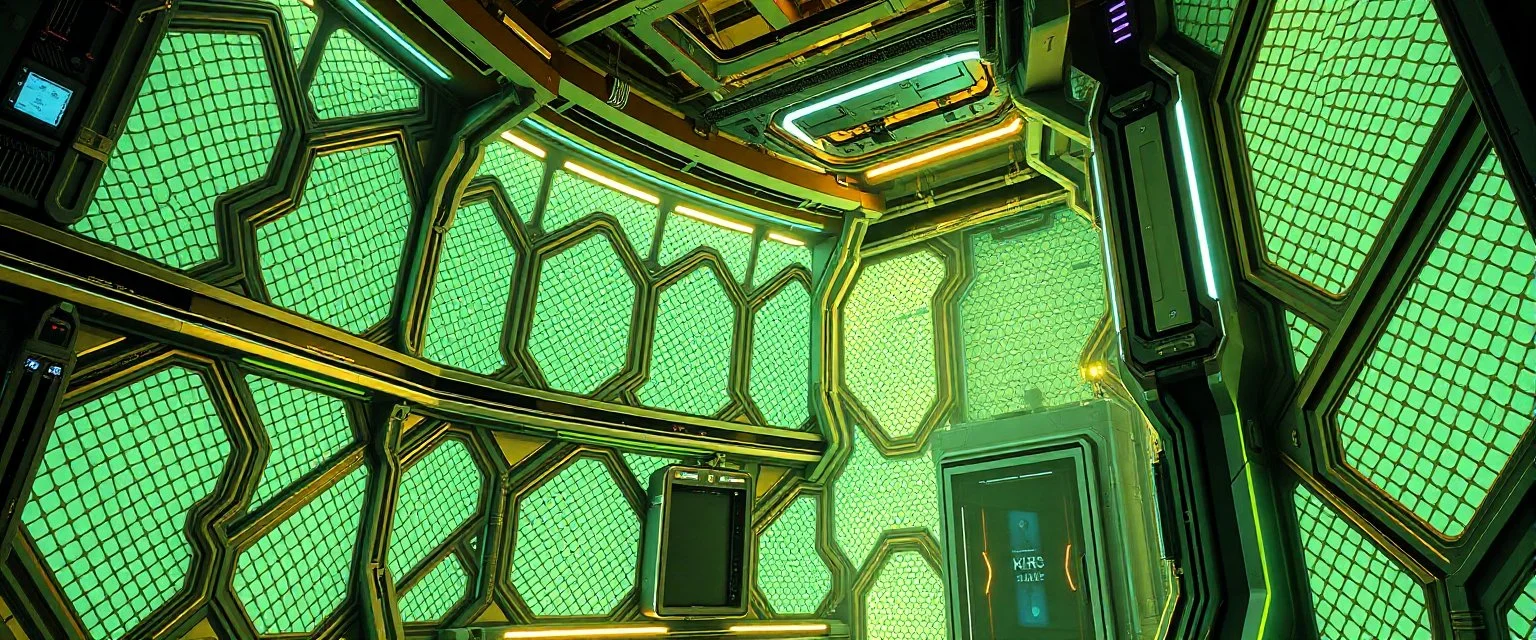 Prompt 1 — Luminescent Walls “A futuristic city interior with glowing walls made of hybrid C-Lu-Fy lattice, the walls emit soft neon light, semi-transparent structural beams, metallic textures reflecting luminescence, sci-fi style, cinematic lighting, ultra-detailed, high-tech architecture.”