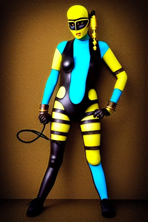 Realistic photograph. Geometric 3D tiling on the background, woman, Whip. Bronze color, Yellow, Black Cyan. Cyber-punk full-mask. Big old AKG headphones, golden rings & disc. Selfie both hands. Lightly armored, electronic circuits. Thick tights, thick calves, bend fell, wide hip, flat belly. Ancient artifact attached. Perfect body. Matrix movie clothes, Silver leather area, tippet, latex. Wicked sneakers. Daft Punk, Tron Movie. Egyptian Haute Couture. 1990's. Light comes right-back.