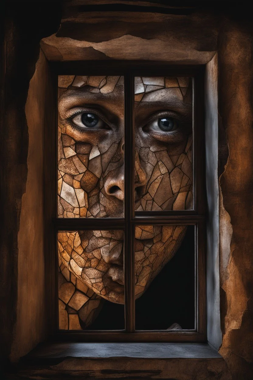 a human body patchwork sewn of big pieces of human skin. looking through a window. . scary. terrifying. intense horror. clive barker. h. r. giger.