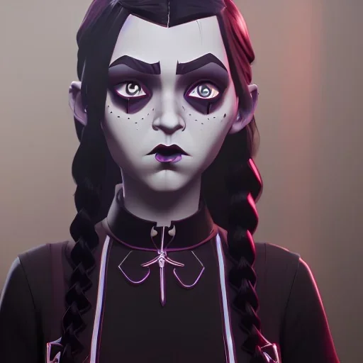 Wednesday Addams, Wednesday with braids standing with her arms crossed, dark, soft goth lip, hyper detail, octane render, unreal engine 5, photorealistic, 8k resulation