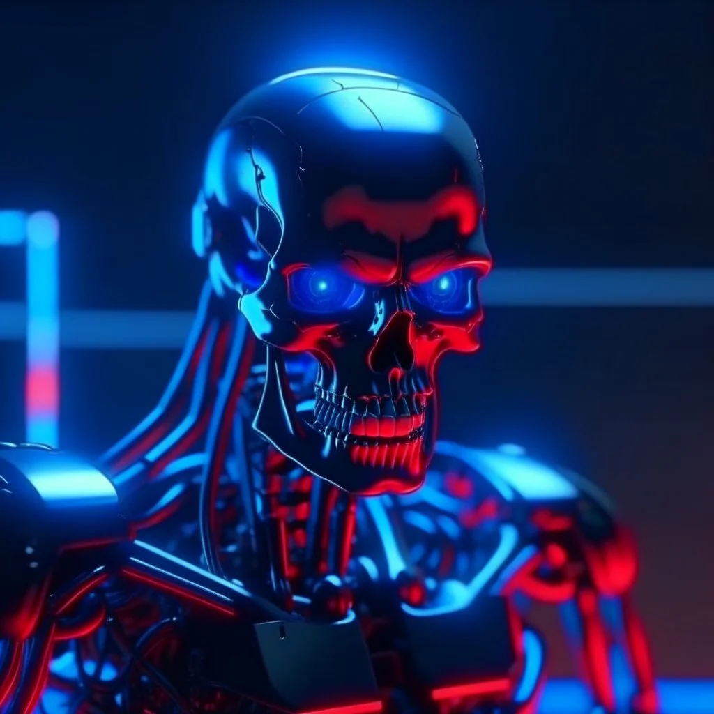 4K. REALISTIC FULL DETAILS. FULL RED BLUE AND WHITE LIGHTS. Terminator CYBERPUNK ASSAULTED BY SOLDIERS