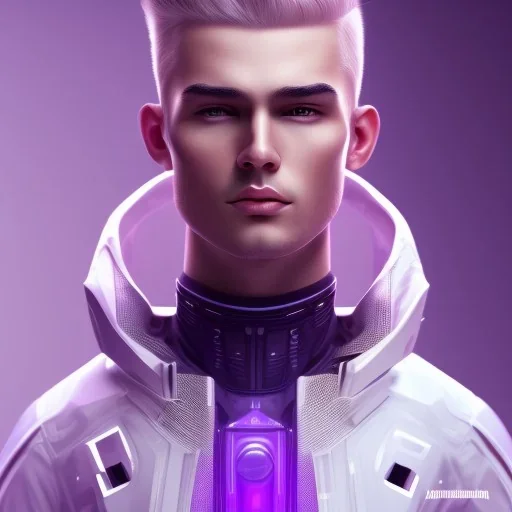 man, cute face, white highlight hair, brown eye, white, skin, purple suits, futuristic, science, purple, blue, dark pink background lighting, technology, profile, asian boy, square face