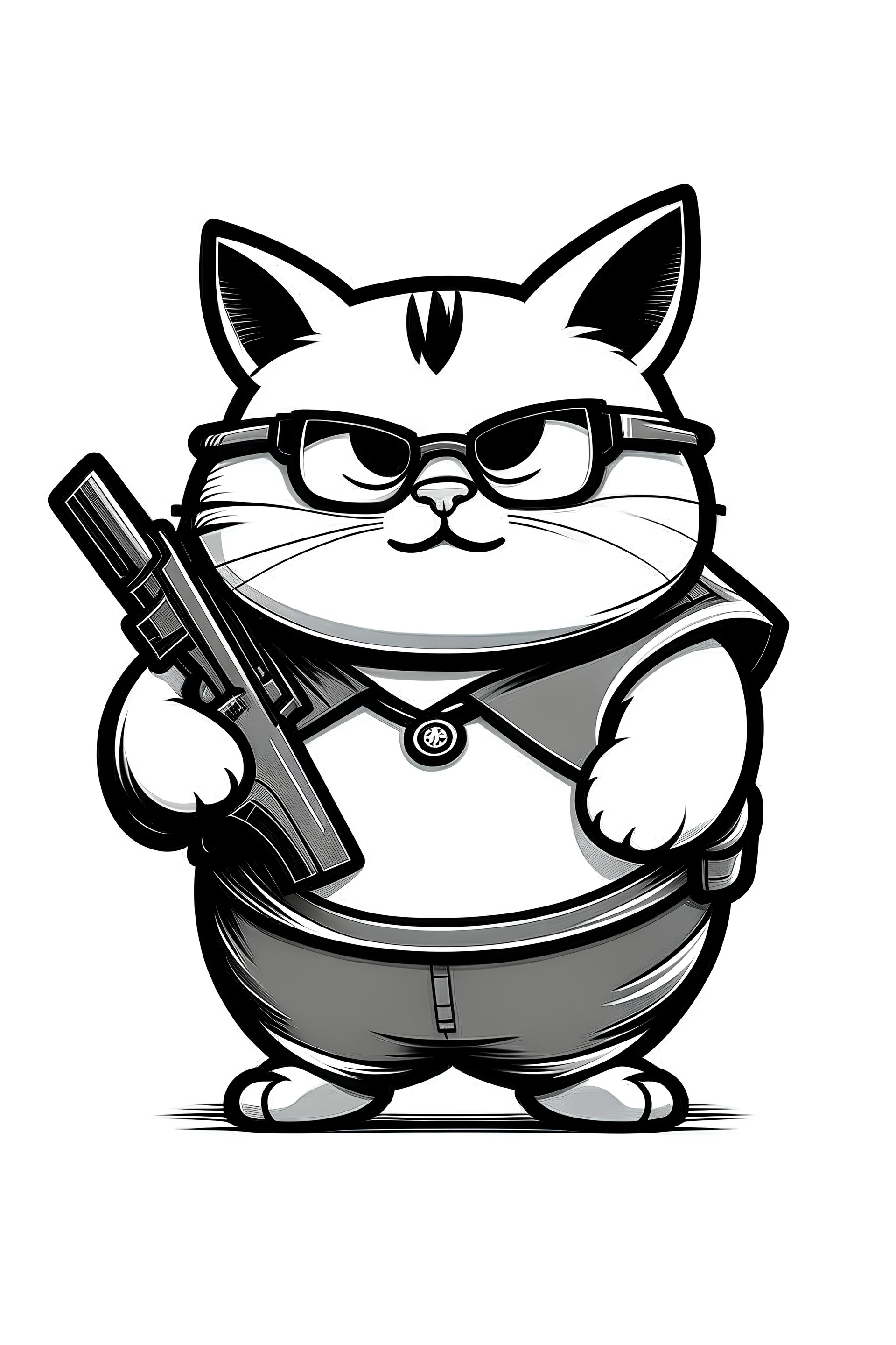 create a logo of cute fat tomcat with glasses carrying gun in its hands. logo must be transparent with no colors. don't include full body
