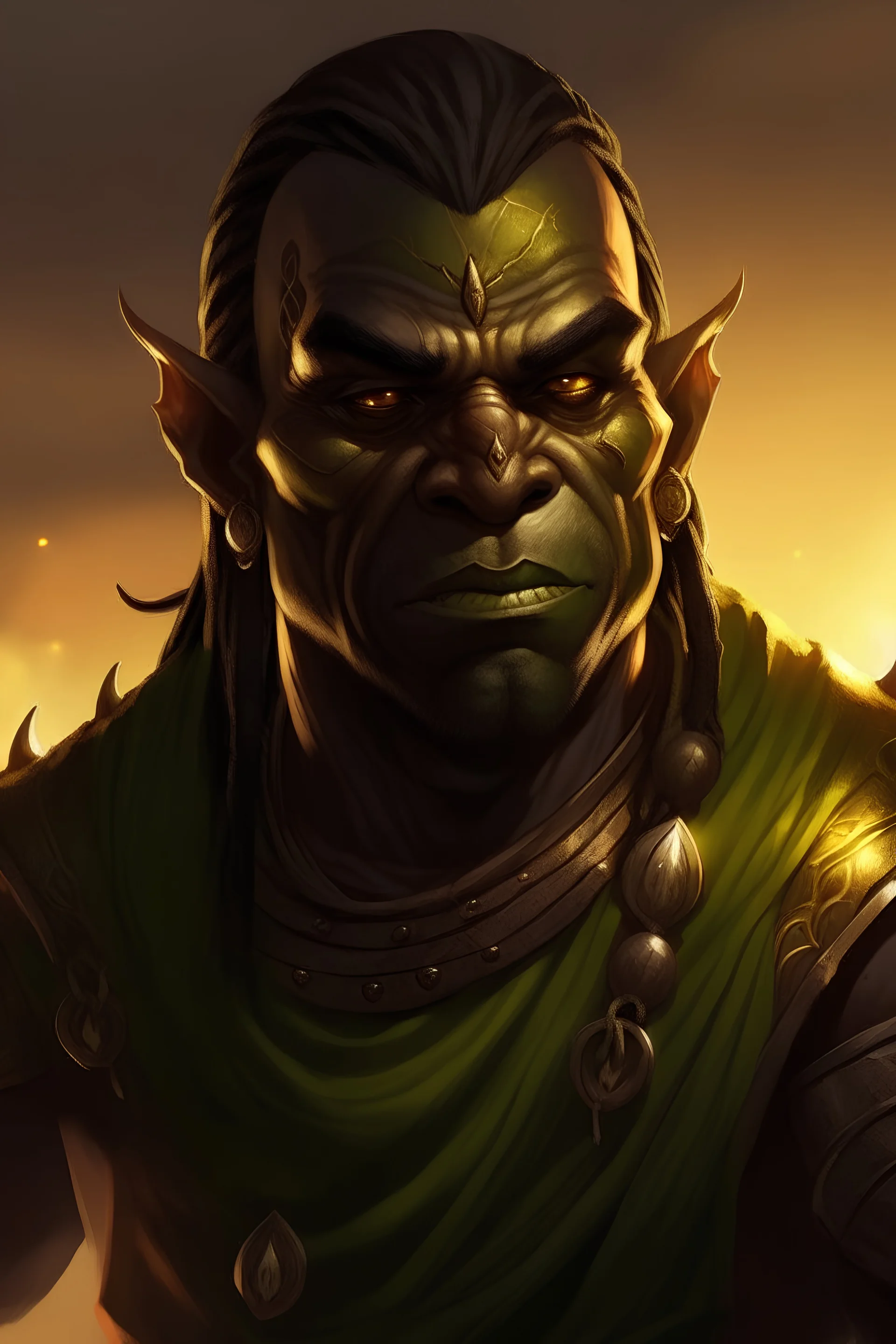 fantasy african male orc cleric with scarred skin and cornrowed black hair surrounded by glowing twilight