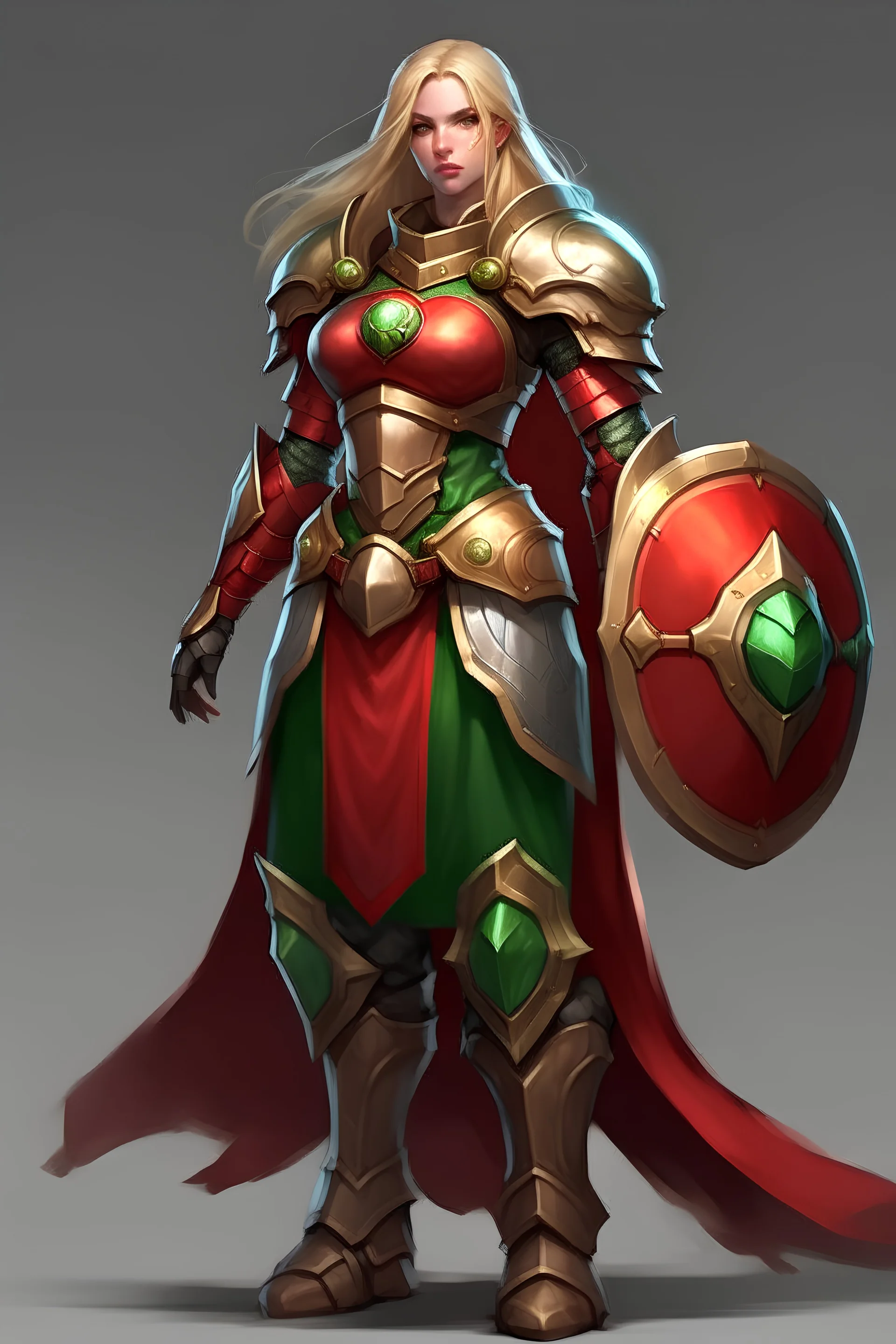 female with long blonde hair and green eyes, wearing red heavy armor, with shield whole body