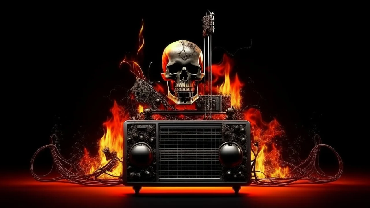 4K. REALISTIC FULL DETAILS. LOGO EMISSION DE RADIO HARDROCK FIRESTARTER TERMINATOR. FLAMMES EN FOND D IMAGE RADIO QUI BRULE VILLE EN FEU