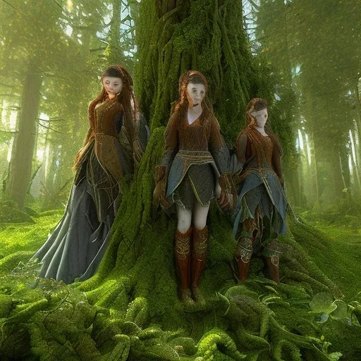 3d render, Painting .three women. A mother. Two daughter. Twins. A mother with her children the faces of three young red freckled women. wood nymphs emerging from the forest. Her hair looks like vines. Dreadlocs. Her skin is the colour of dark soil. Her skin looks like tree bark. Her clothing is made of vines, grass and leaves.