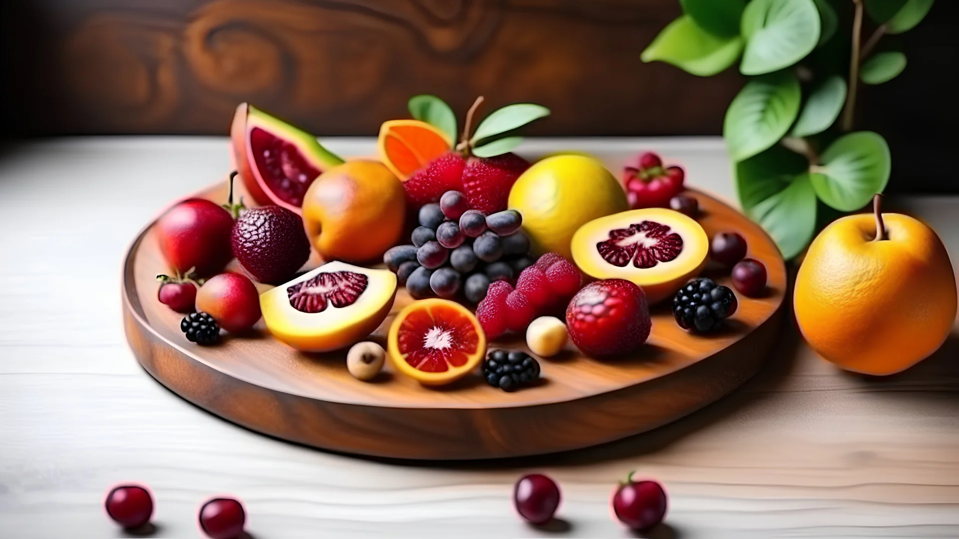 Delicious fruit on round wood chopping board, mango pomegranate raspberries papaya oranges passion fruits berries on off white concrete background, selective focus