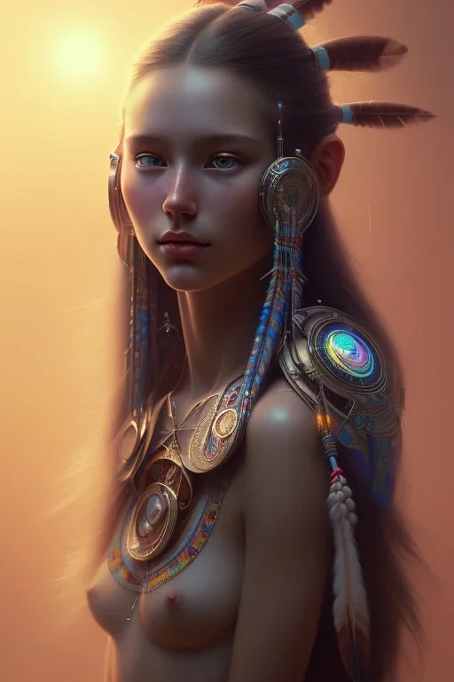 girl, cute, beautiful, Native American, head and shoulders portrait, grosse oberweite, 8k resolution concept art portrait by Greg Rutkowski, Artgerm, WLOP, Alphonse Mucha dynamic lighting hyperdetailed intricately detailed Splash art trending on Artstation triadic colors Unreal Engine 5 volumetric lighting, long hair, brown eyes, black hair