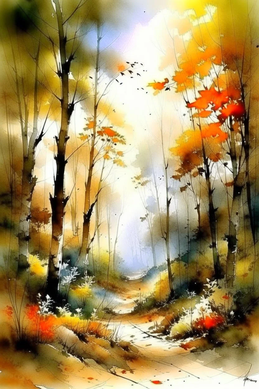 Autumn forest by Willem Haenraets, watercolor, on watercolor paper, wet on wet and splattering techniques, centered, perfect composition, abstraction, surrealism