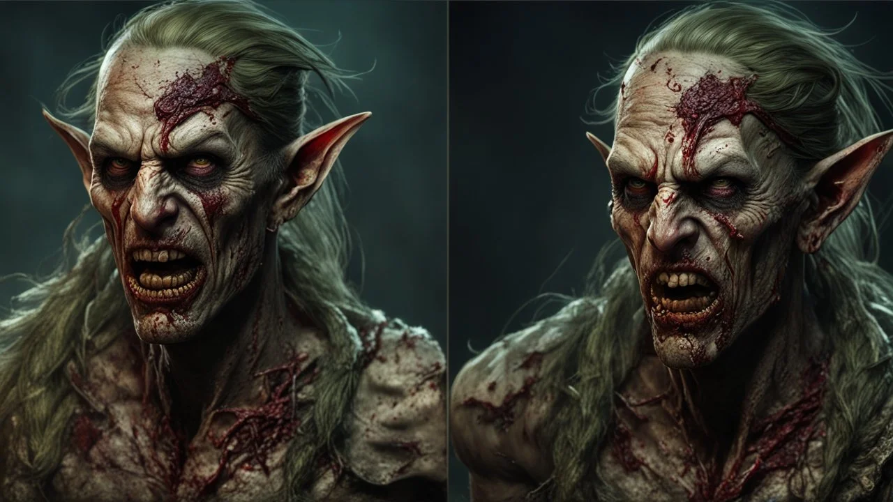 a rotting elf zombie. carnage. black mist in the eyes. armor fused to the skin. blood. broken bones. bleeding eyes. broken fangs. broken jaws. broken armor. gloves.intense horror. blind terror. scared to death. no weapons. no helmet. a masterpiece, fantasy concept art, dynamic lighting, hyperdetailed, intricately detailed, deep color, Unreal Engine, volumetric lighting, Epic cinematic brilliant stunning intricate meticulously detailed dramatic atmospheric maximalist digital matte painting