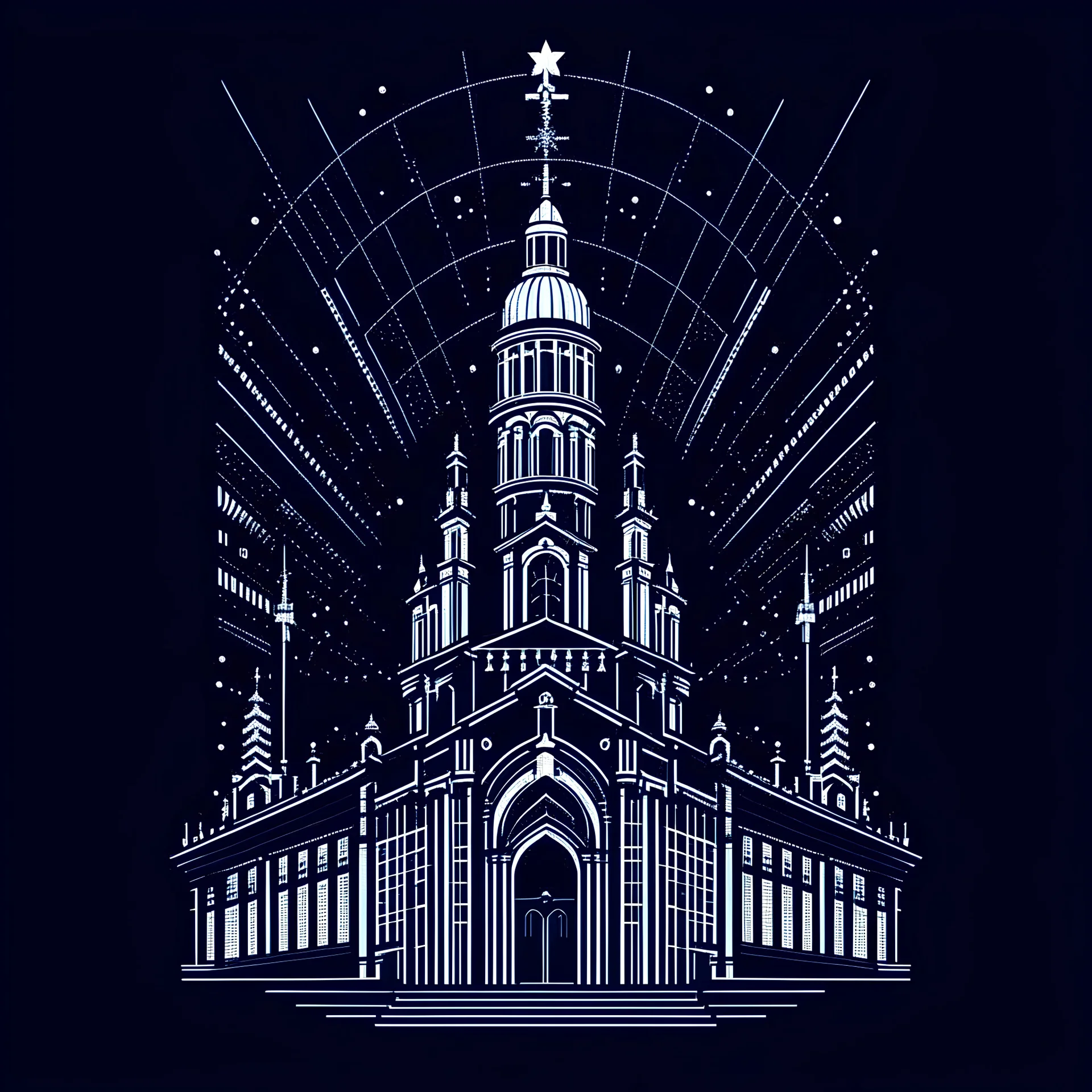Santiago de compostela cathedral. Art Deco, Mood: Mysterious and Glamorous, Lighting: Deep blue with neon highlights, T-shirt design graphic, vector, contour, white background.