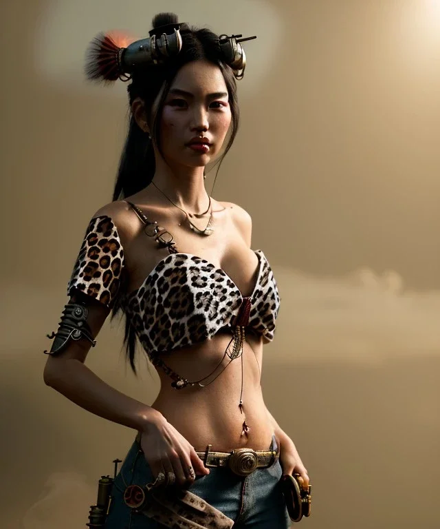 Ultra realistic, steampunk western party scene. Geisha Asian woman with leopard, waist up view, smoke, happy, color fog, people background, highly detailed, concept art, unreal engine 5, god rays, ray tracing, RTX, lumen lighting, ultra detail, volumetric lighting, 3d, finely drawn, high definition, high resolution.