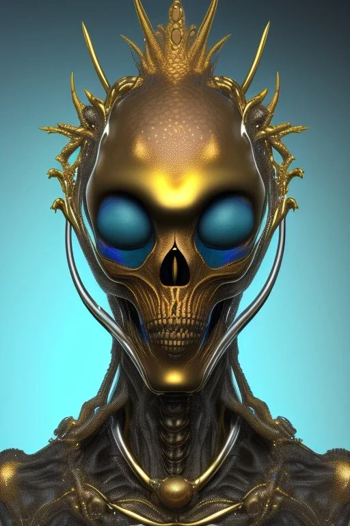 black African alien, cracks in the head, wicked, Asian eyes, crown, blood, 8k, finely detailed, photo realistic, Boris Vallejo style turquoise skull head gold dragon space alien rain skeleton silver helmet silver space suit spaceships