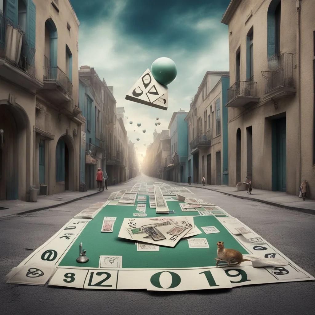 Surreal Street with a real-life monopoly Hotel piece, profound, dramatic, magic realism