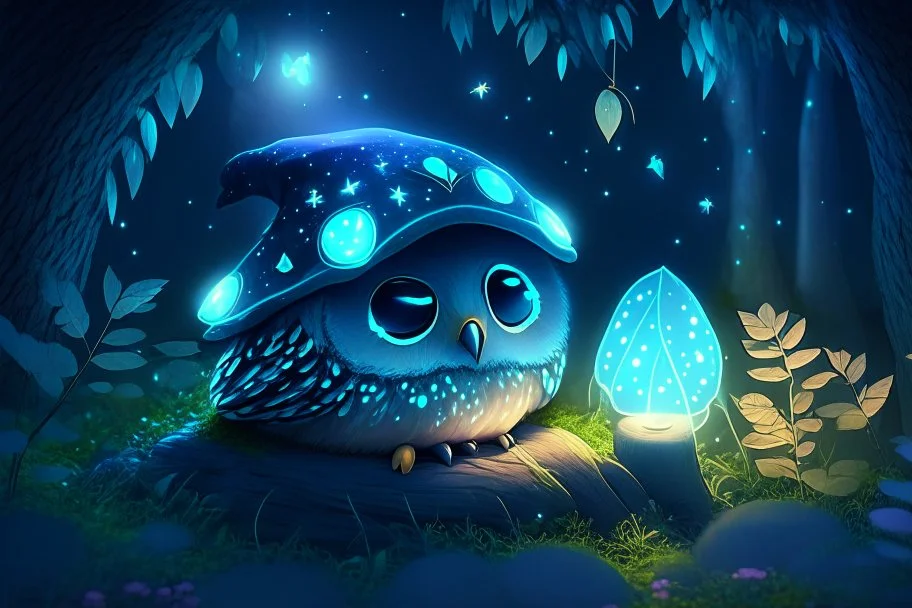 cute chibi bioluminescent sleeping owl in sleeping cap in a forest at night in starshine, lightning moonflowers