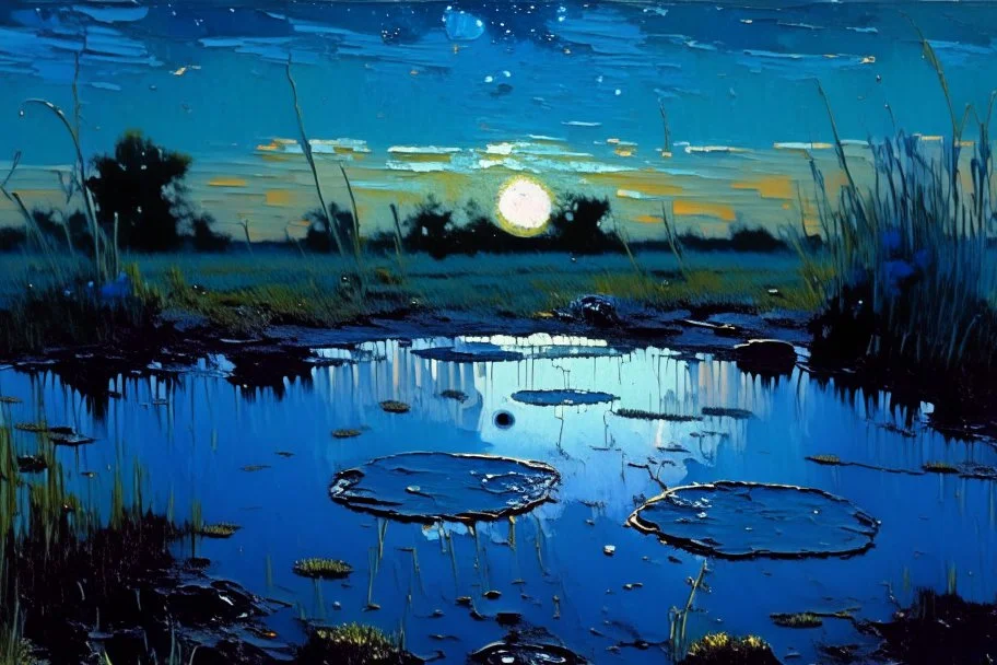 Dark blue sky with one exoplanet in the horizon, rocks, puddle, weeds, sci-fi movies influence, epic, ernest welvaert, and charles leickert impressionism paintings