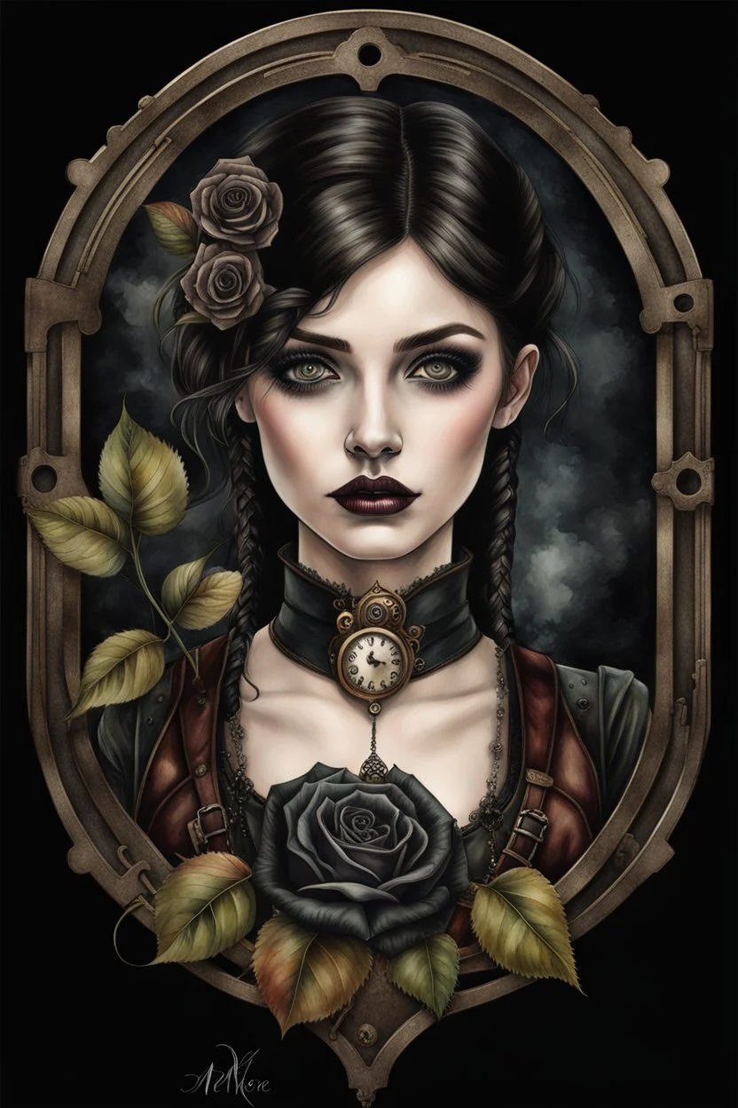 hyper photorealistic watercolor art style of a steampunk gothic style young woman with pale skin, big dark eyes, tiny nose, tiny mouth and messy dark hair , deep, dark colors, holding a black rose. She is gothic dressed, her expression is melancholic, surreal with mysterious elements. smooth blending, extremely detailed, realistic textures, cinematic, dramatic lighting