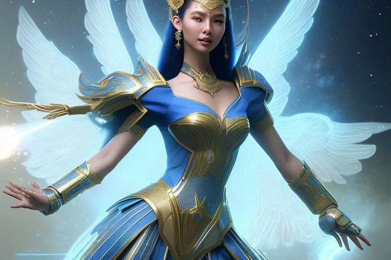  beautiful cosmic asiatic woman with blu color skin, long hair, nice smiling, magic glamour make up, delicate colors, beautiful glamour galactique dress, ultra sharp focus, 8k, unreal engine 5, extremely sharp detail, light effect, soft light atmosphere of a spaceship, smooth, full of details, face in front, complete vision of face and hair and body