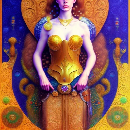 Retrato Épico al oleo de cuerpo entero de Red Sonja a caballo estilo de Gustav Klimt 4k