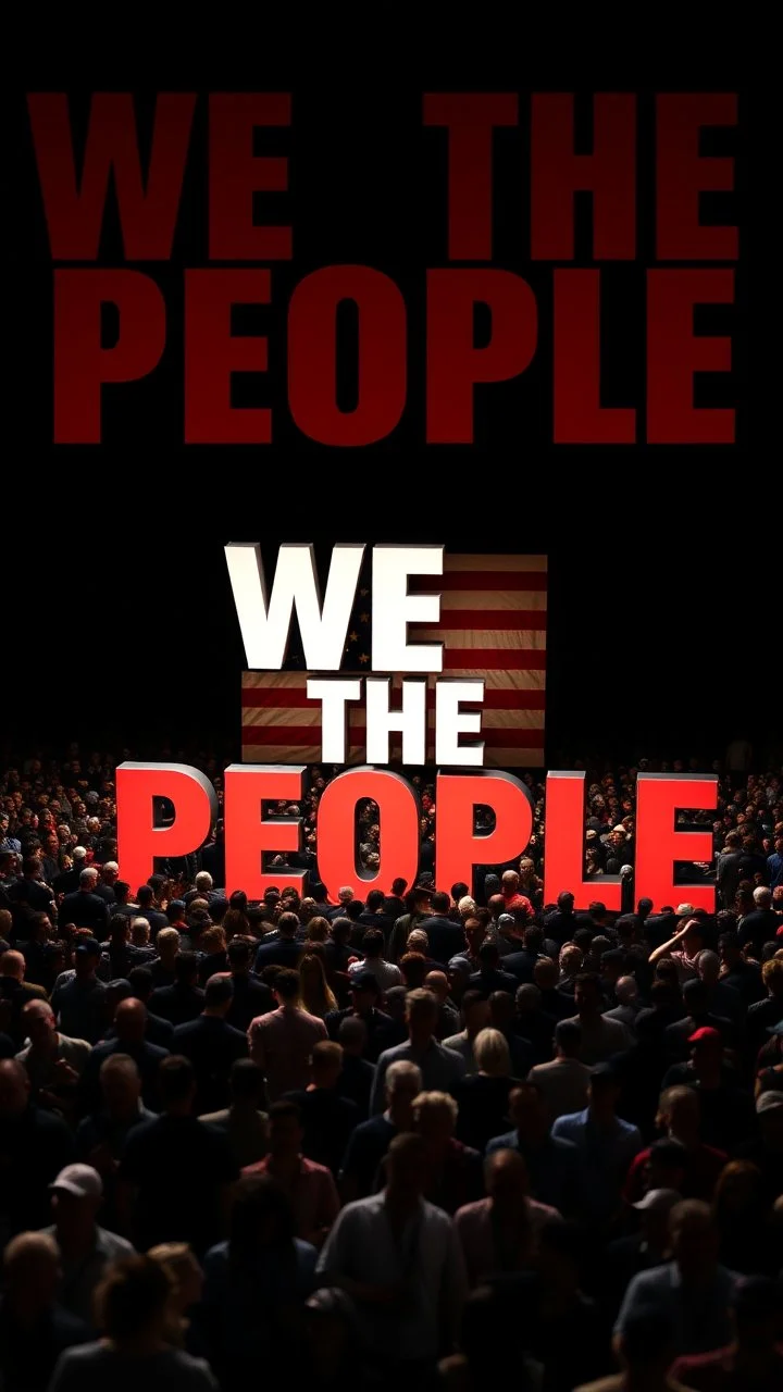 A field of random people in a dark lighting , at the top of the picture a huge 3D text for the words “WE THE PEOPLE “ with a huge American flag in 3D