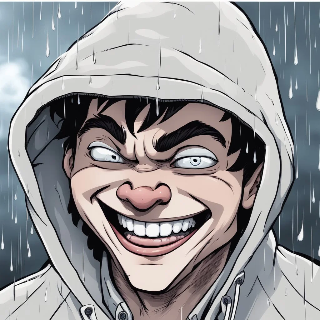 a closeup of a psychopathic young man with white eyes in a heavy coat and hood during a rainstorm laughing cartoon