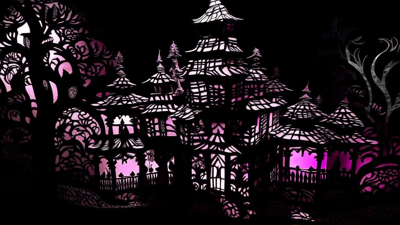 A dark magenta chateau covered in shadows designed in Javanese shadow puppets