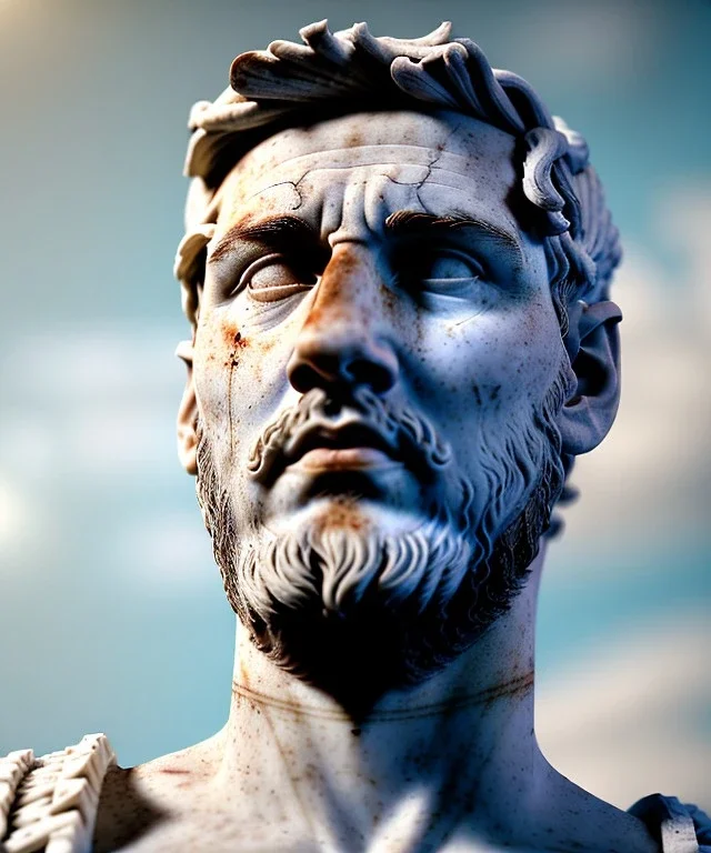 Ultra Realistic image, roman sculpture, white marble material, Lionel Messi, Caesar emperor Laurel crown, miguel angel style, chisel style, emperador, waist up portrait, epic, celestial, cinematic lighting, God light, god rays, 4k resolution, smooth details, ornate details, soft lighting, unreal engine 5, sky and clouds background.