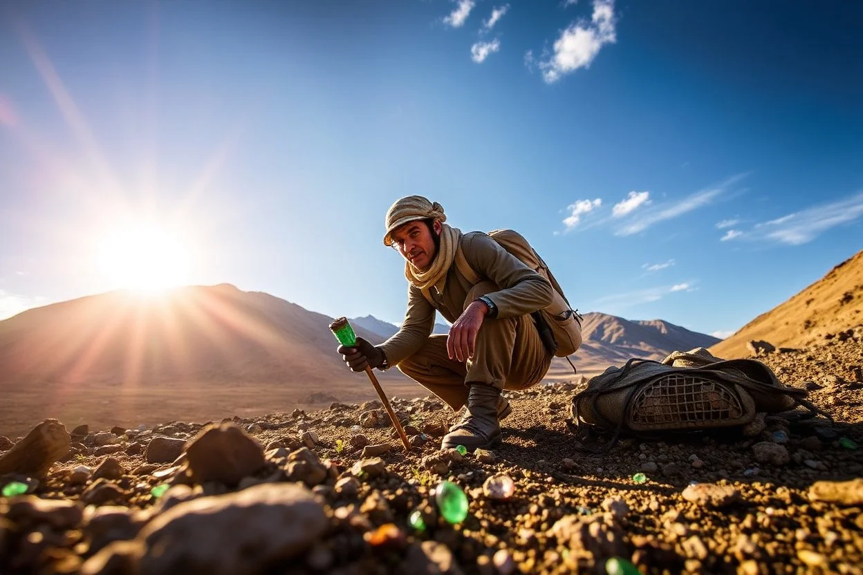 a dramatic image of a gem explorer in rugged terrain—such as a miner in Afghanistan’s Panjshir Valley, a Tanzanian artisan digging for spinel, or a Colombian emerald hunter—to visually anchor your article and highlight the adventure behind these investments.
