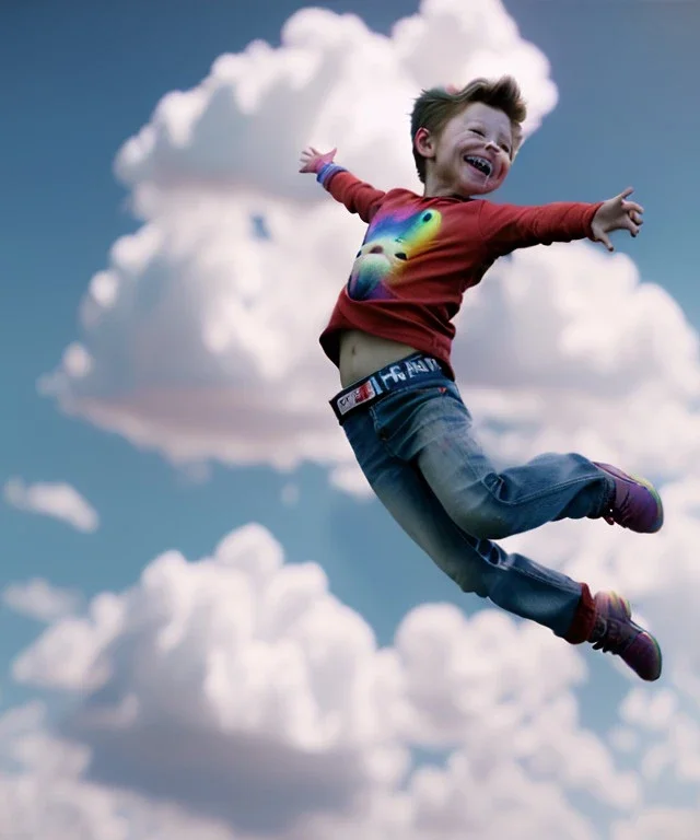 Ultra realistic clouds sky scene, wide angle, medium shot view, portrait, sweet Child, free jumping flying, trinkets, hair monster, jelly beans, balls, smile, happy, Peter Pan style, inflatable color clothing, extreme, wind, clouds sea, 20,000 feet altitude, stratosphere, soft color, highly detailed, unreal engine 5, ray tracing, RTX, lumen lighting, ultra detail, volumetric lighting, 3d, finely drawn, high definition, high resolution.