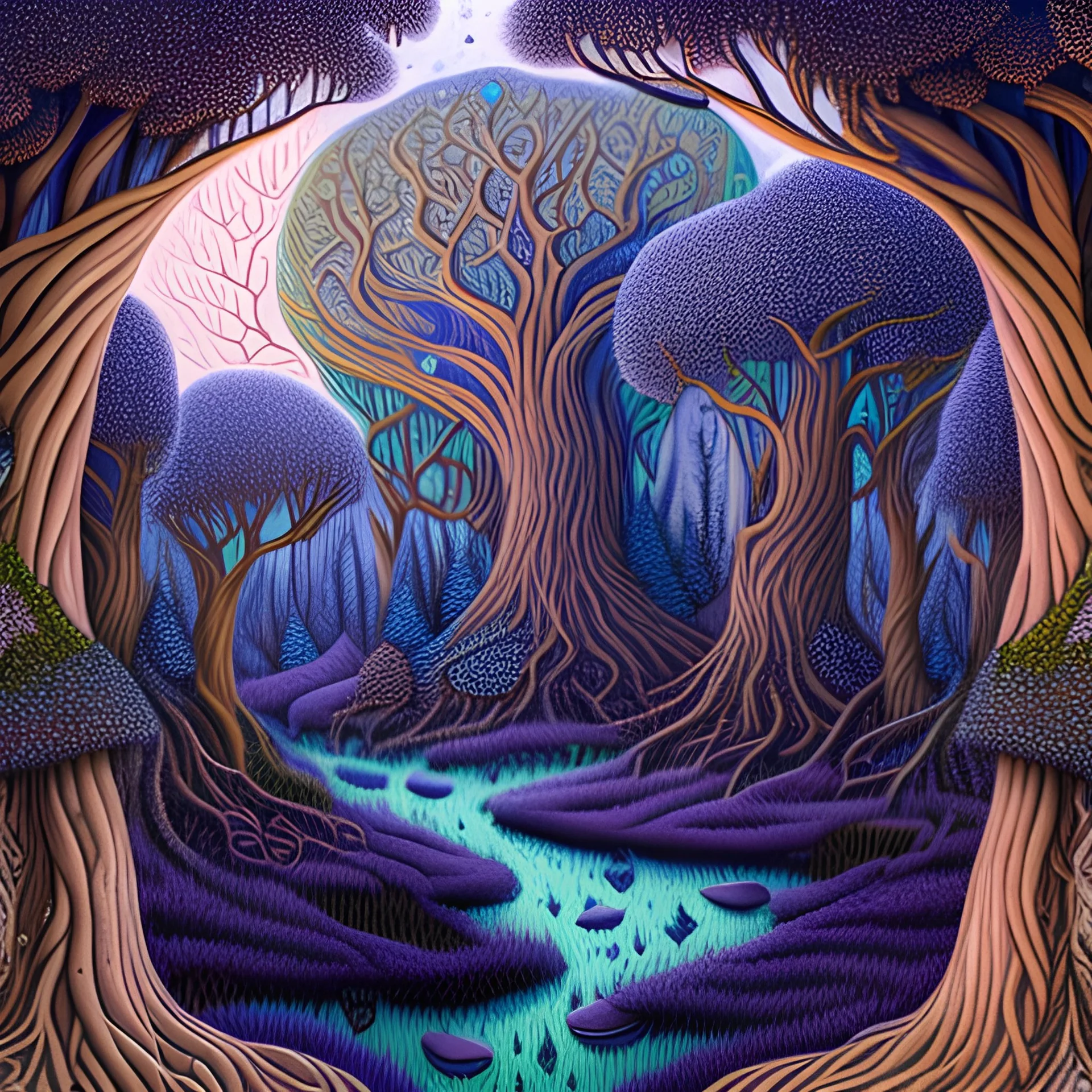 A whimsical super-detailed surreal forest, with an intricate mystical magic scene with large twisted trees against a full moon overhead and a starry sky of muted colors. intricately detailed super-detailed super-detailed fantasy, hyper-realistic, intricate details