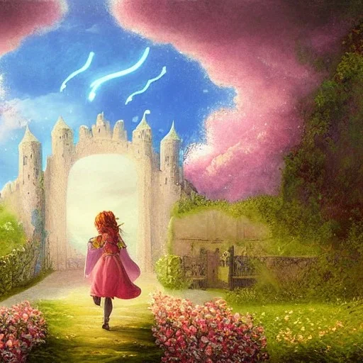  Castle into sky, with flowers of fire. Green clouds and birds. Shy girl going out of the main gate. Detailed painting, sharp color, medieval, intricate detail, far sceen, realistic colors, medieval concept art. spring.