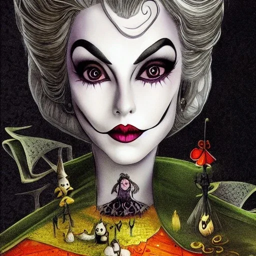 extrem tim burton style and disney style of an old and extrem malicious stepmother, sharp focus, sneaky eyes, old face