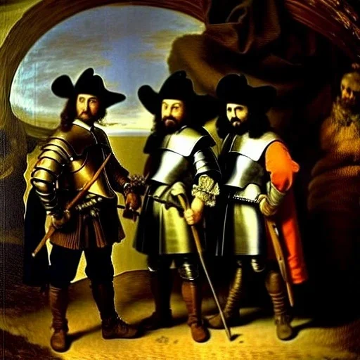 oil portrait of The Three Musketeers and d'artagnan with armor by Rembrandt 8k