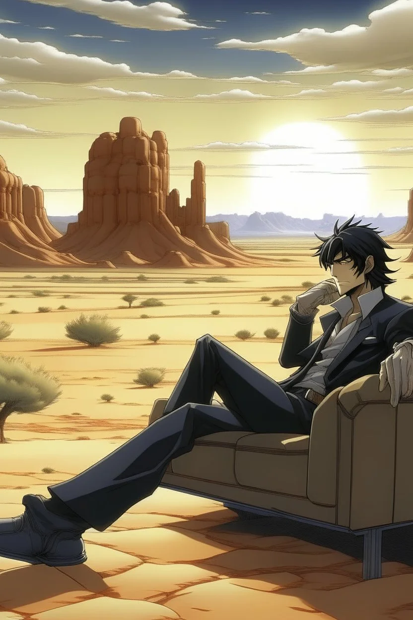 Nicholas Wolfwood Trigun is sitting on a couch in the middle of the desert