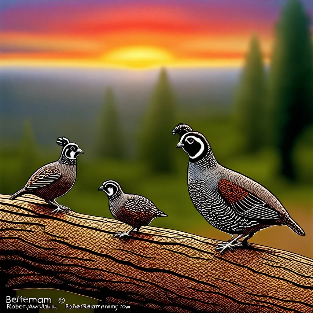 : A family of California quail (Callipepla californica) is out walking near an old log set against a colorful sky with clouds. The nature scene shows both the male and female both care for their offspring and takes place in nature with clean air, beautiful scrubs at the edge of a forest. Modifiers: elegant intricate beautiful award winning fantastic view ultra detailed Robert Bateman Carl Brenders Flo 'n Images Nancy Kaestner Hendry