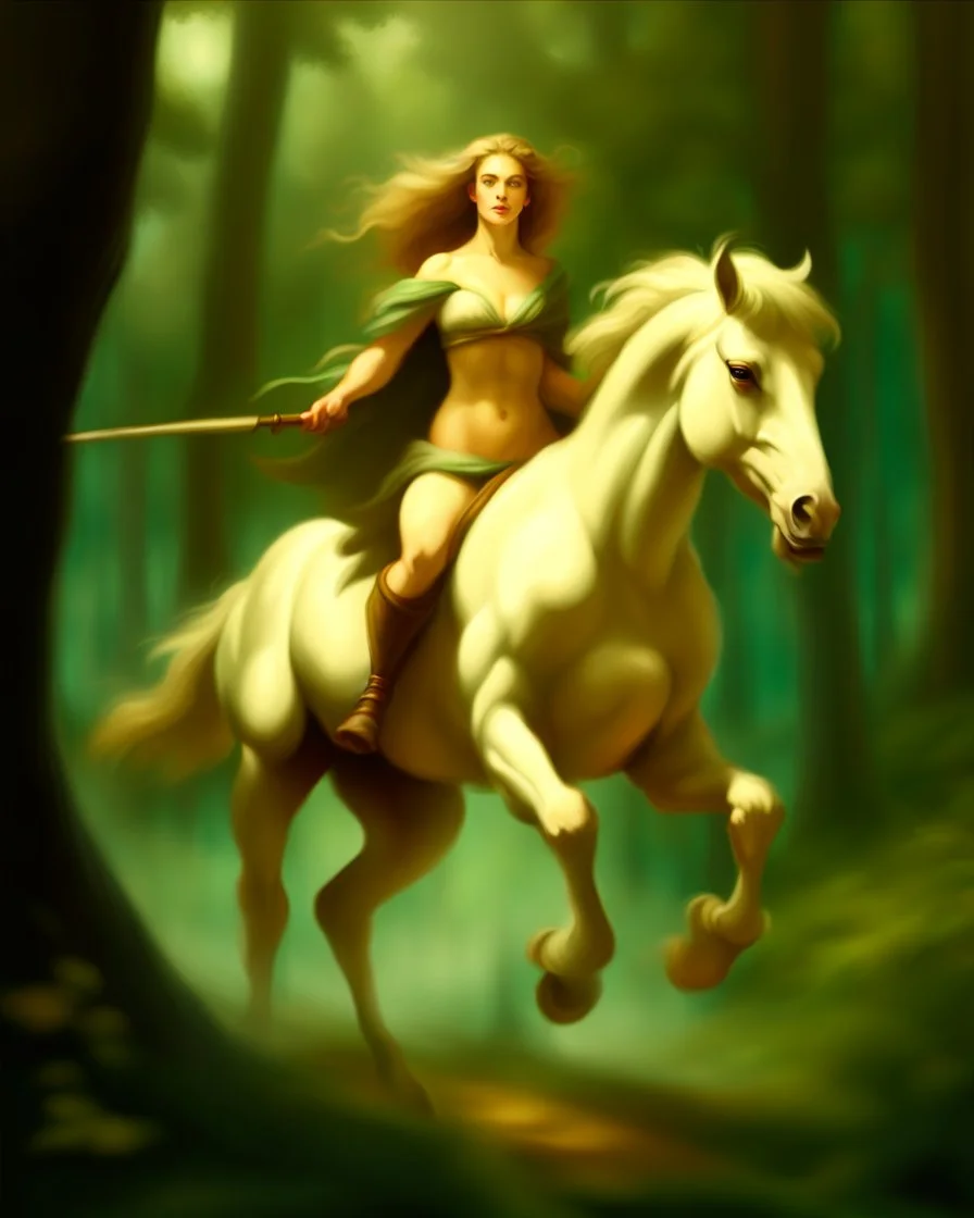 A centaur majestically galloping through the dense forest in the style of Camilla d'errica, fantastical landscape, soft strokes , mythology portrait, classic painting