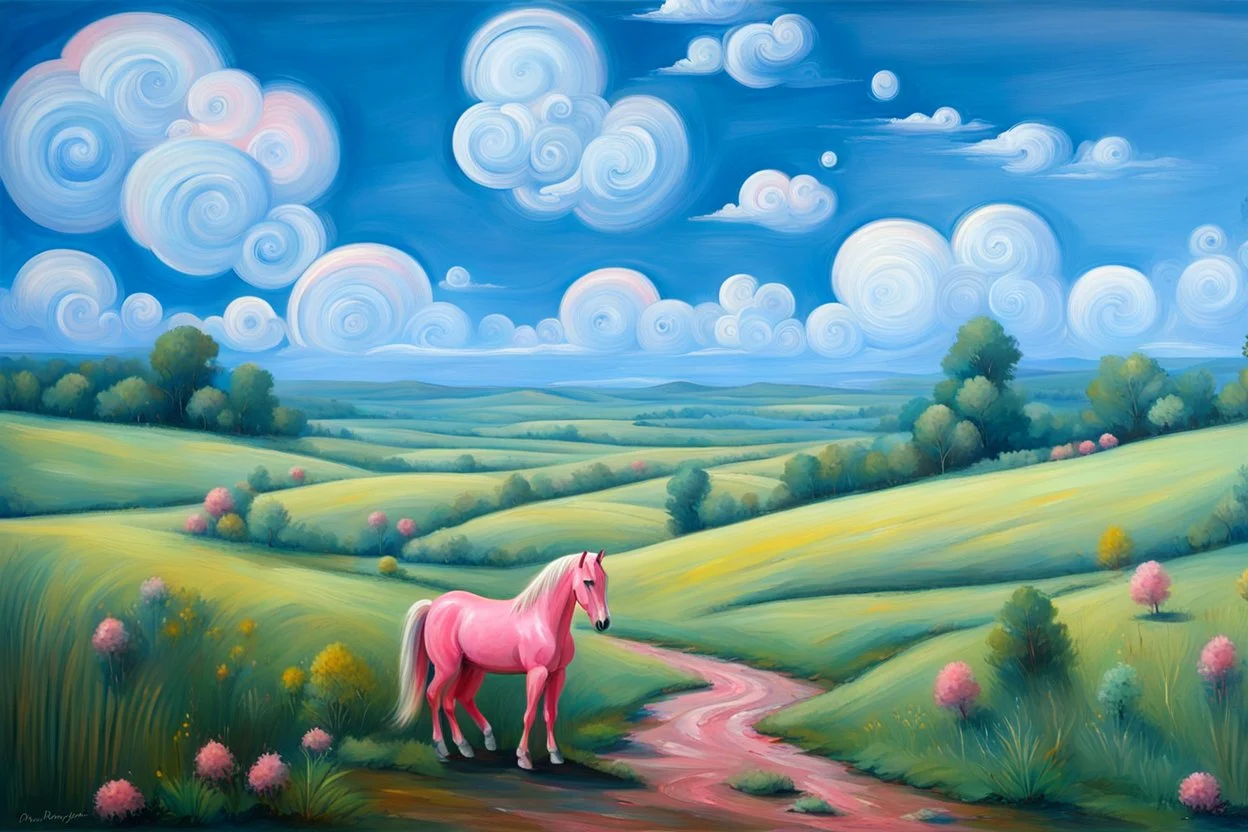 Big pink plastic toy horse.19th painting