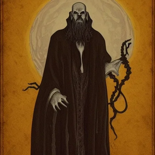 Picture of Cthulhu with white skin and a beard made of fleshy tentacles as a Russian Orthodox nosferatu vampire with yellow eyes and vampire fangs