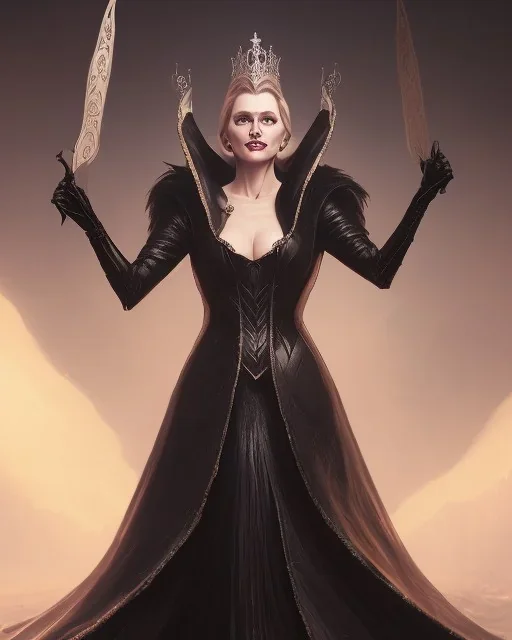 old evil queen in black leather gown, volouptous, busty, cleavage, angry, emperious, 8k resolution concept art portrait by Greg Rutkowski,