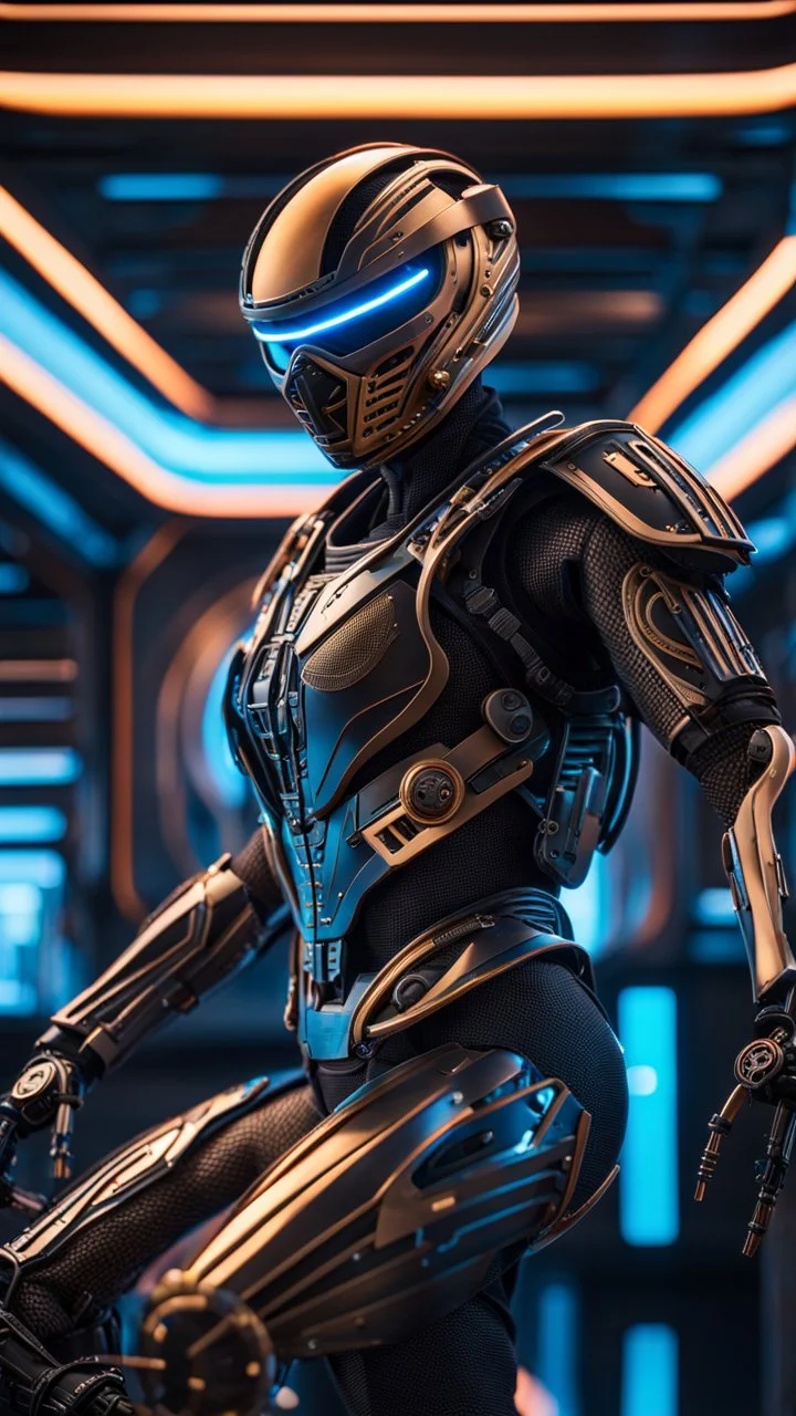 Ultra-detailed Ninja cyborg in a spaceship, with anthropomorphic cybernetic skeleton elements on metal armor, neon lights reflections, reflection mapping, intricate design and details, dramatic lighting, Cinematic lighting, Volumetric lighting, Epic composition, Photorealism, Bokeh blur, Very high detail, Sony Alpha α7iv, ISO1900, Character design, Unreal Engine, Octane render, HDR, Subsurface scattering, by addie digi