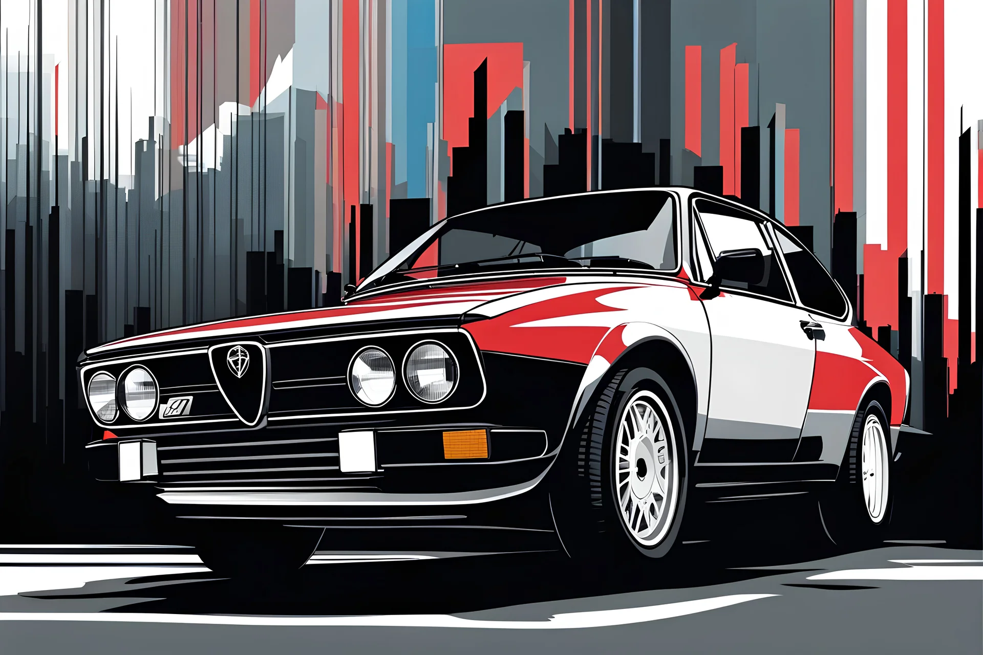 1983 ALFA ROMEO Alfetta GTV, Sketch, 2D, Comic Book, Minimalist, in the style of olly moss, shot from low angle