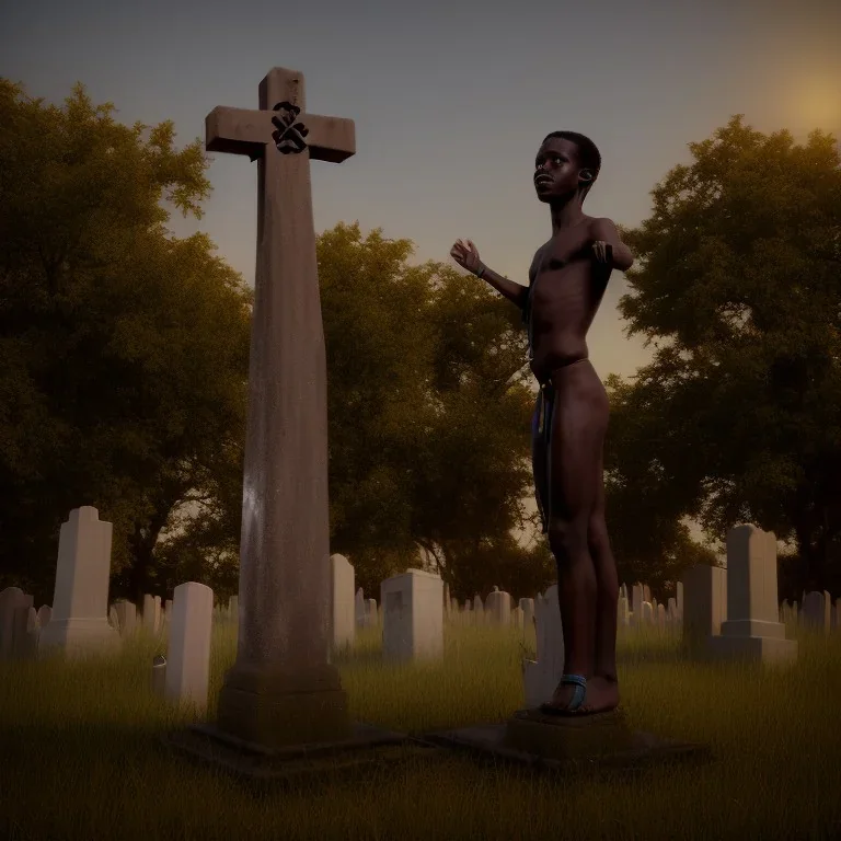 Young African deity at a cemetery near a cross and surrounded by almost unseen dead souls at an eerie night