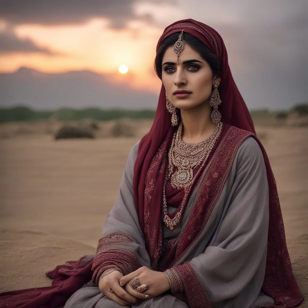 Photographic Long Shot View, Pakistani, Pashto, Cultural, Sad Woman, Beautiful, Beautiful Cloudy Sunset, Wearing Traditional Grey Dress Maroon Embroidery & Grey Dupatta, Cultural Jewellery, Subtle Sad Expressions, Beautiful Eyes, Stressing Vibes, Cinematic & Dramatic Ambiance.